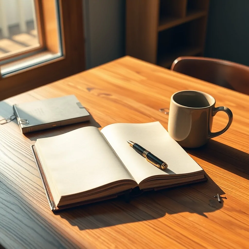 Escritorio de roble iluminado con un diario abierto, pluma, taza, clip y sombras suaves; Cuales son las mejores opciones de reparacion de calderas en Barcelona.