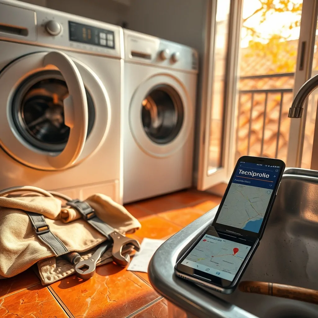 Esquina de lavandería iluminada en un apartamento de Valencia con lavadora blanca, herramientas y un mapa de servicio técnico.