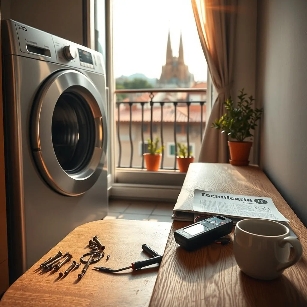 Rincón soleado con lavadora, herramientas y manual; vista de balcón con Sagrada Família. Cuales son las mejores opciones para reparar electrodomesticos en Barcelona.