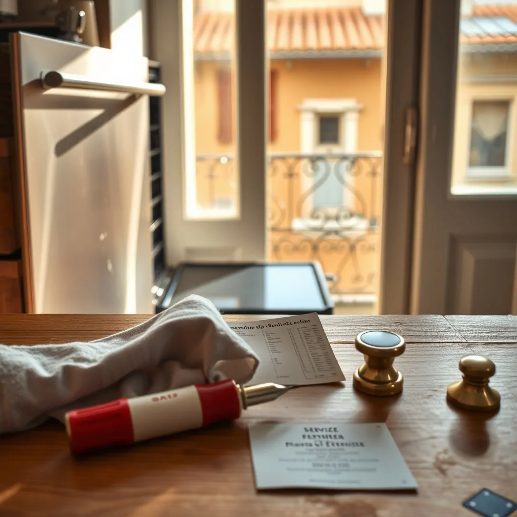 Cocina iluminada con horno de acero inoxidable, herramientas de reparación y vista a calles de Barcelona. Cuales son las mejores empresas de reparacion de hornos en Barcelona.