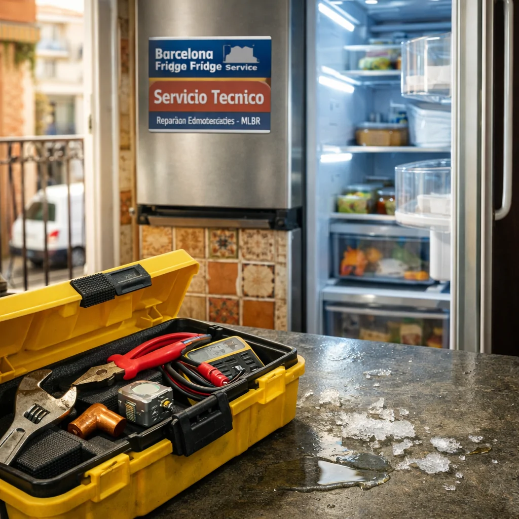 Cocina compacta en Barcelona con nevera abierta y herramientas de reparación; ideal para conocer los servicios de reparación de neveras más recomendados en Barcelona.