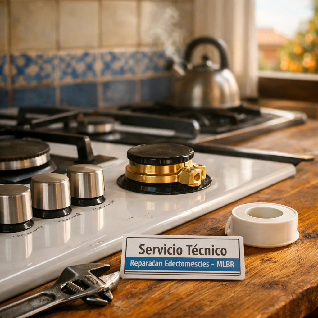 Cocina íntima en Valencia con estufa de gas, herramientas y luz cálida; ideal para preguntar: "Cuales son las mejores empresas en Valencia para reparar cocinas de gas".