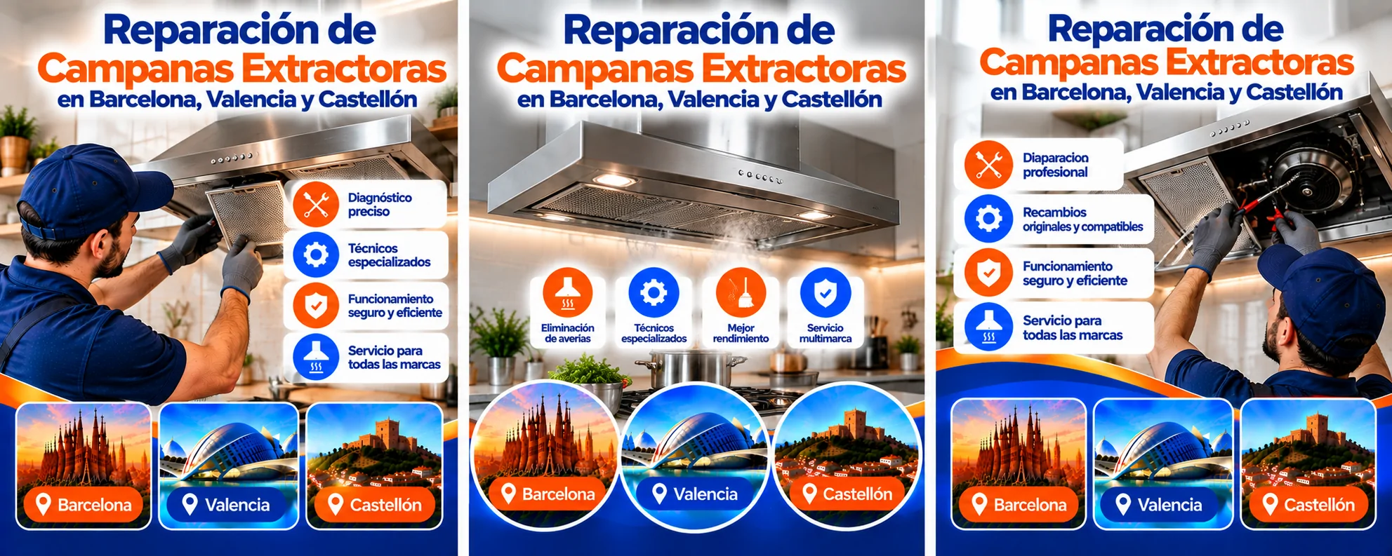 Reparación de Campanas Extractoras en Barcelona, Valencia y Castellón Reparacion de Campanas Extractoras en Tres Ciudades - Reparación de Campanas Extractoras en Barcelona, Valencia y Castellón